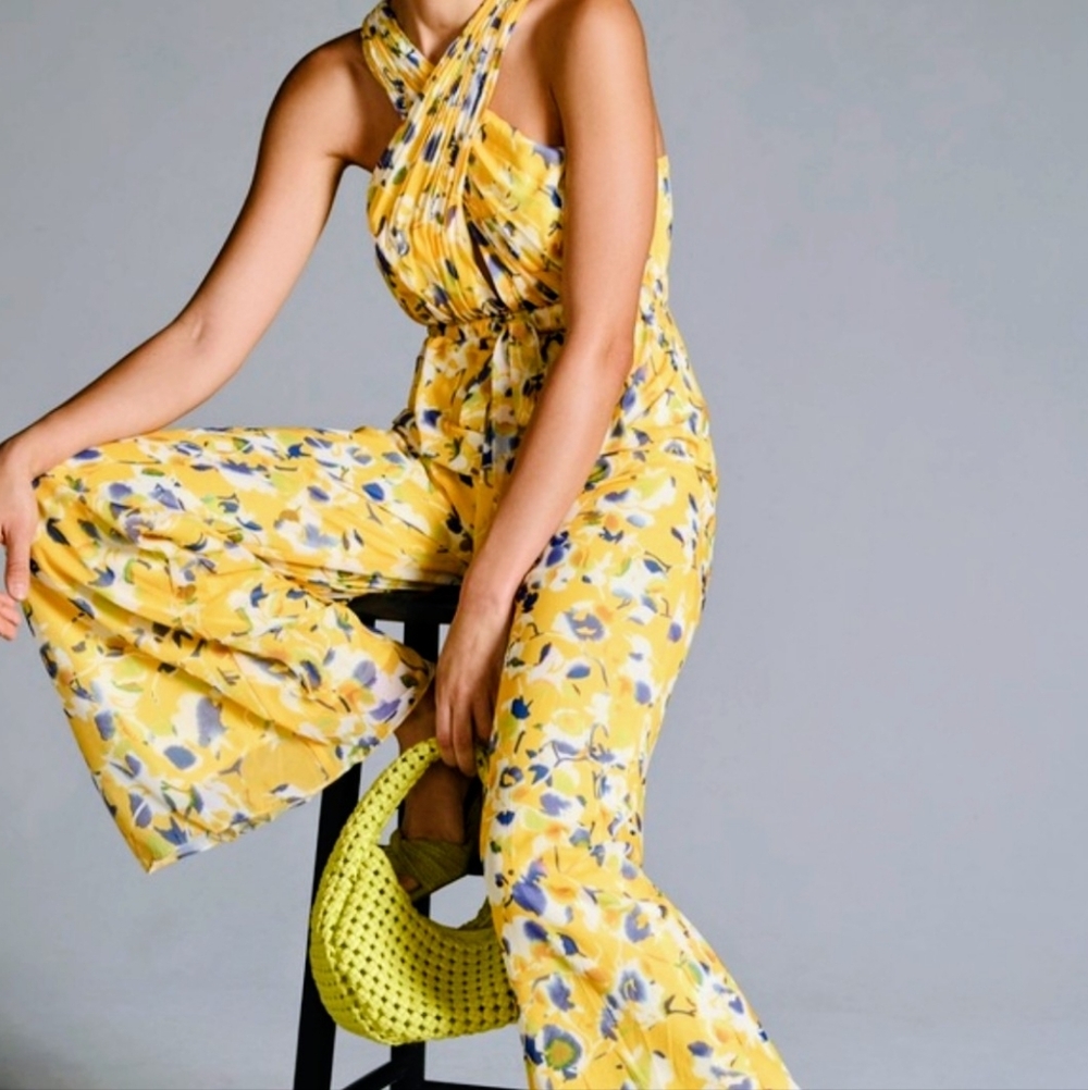 Ieena for Mac Duggal Yellow Floral Halter Jumpsuit – Size 10